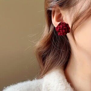 NEW Sonnet Maroon Dark Red Flocked Velvet Rosette Flower Stud Earrings